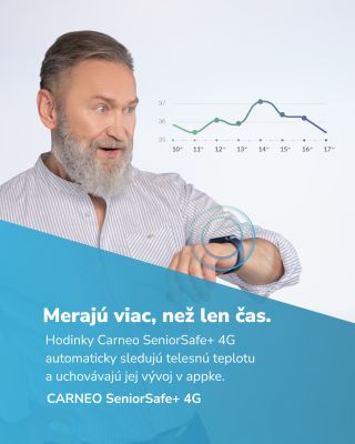 Merajú viac než len čas. Carneo SeniorSafe+ 4G sleduje telesnú teplotu, tep aj tlak, aby si mal istotu, že je všetko v...